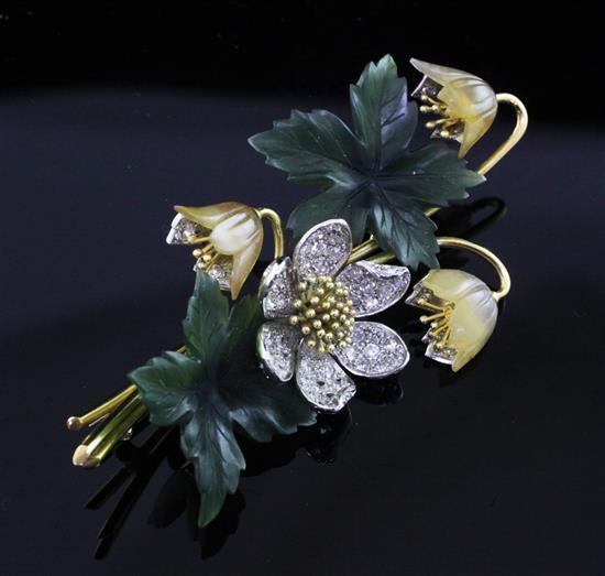 A gold, carved serpentine, quartz and diamond set floral spray brooch, 2.5in.